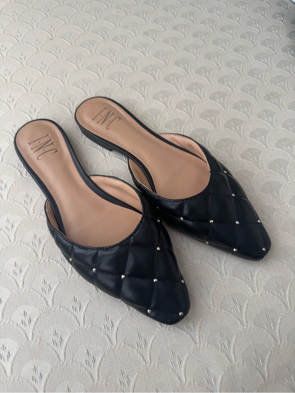 INC International Concepts Black Quilted Slip-On Mules